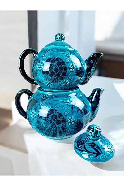 qtahya homes queen of kütahya Dekoratif çaydanlık El yapımı Turkuaz çini 26 cm