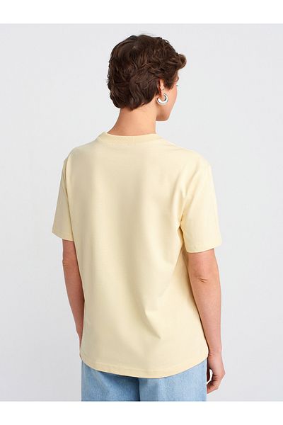 Dilvin 30312 Tricou cu gât crew cu cusături decorative-galben deschis