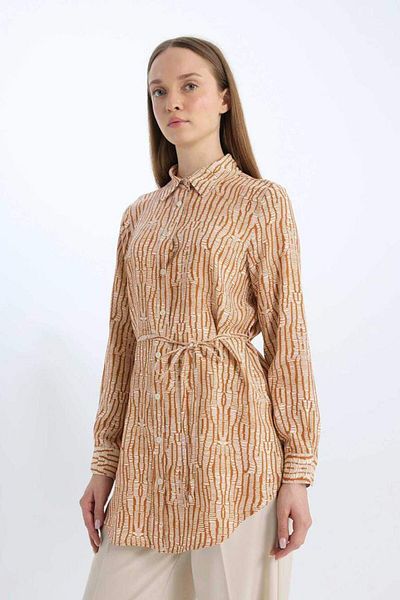 DeFacto New Season Regular Fit Patterned Belted Long Sleeve Shirt Tunic