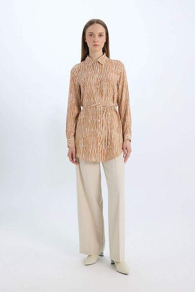 DeFacto New Season Regular Fit Patterned Belted Long Sleeve Shirt Tunic