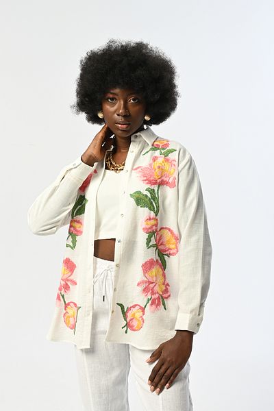 Orfeo Negro Women's Ecru Color Pink Flower Patterned Oversize Cut Shirt