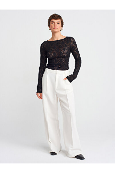 Dilvin 31312 Boat Neck Lace Top-Black