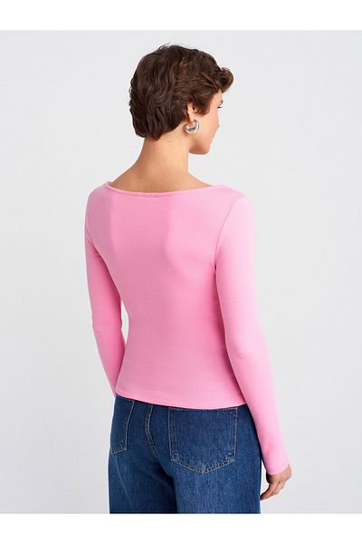 Dilvin 31401 Μαζευμένο Boat Neck Top-Ροζ