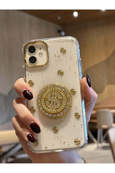 Paladyum Case iPhone 12 Uyumlu Dolar Figürlü Taşlı Simli Şeffaf Kılıf