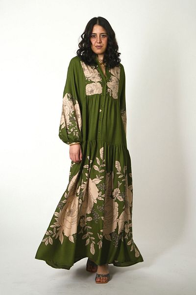 ABBRA Women's Prevailing Neck Balloon Sleeve Loose 100% Viscose Summer Dress