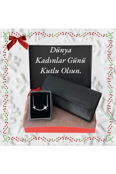 Carlino Women's Black Wallet, Combed Cotton Mink Shawl and Steel Necklace Gift Set