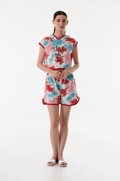 CALİA Women's Hooded Shorts Summer Printed Combed Cotton Pajama Set