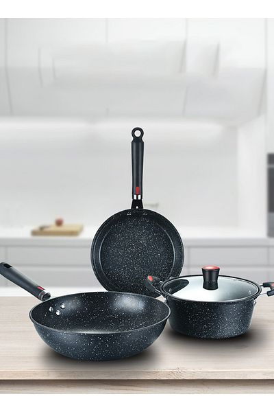 sharpdo 3-Piece Cookware Set, Non-Stick Easy-To-Clean Soup Pot/Wok/Frying Pan Set