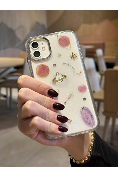 Paladyum Case iPhone 12 Uyumlu Gezegen Uzay Astroloji Figürlü Simli Şeffaf Kılıf