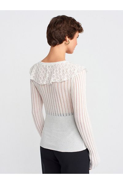 Dilvin 10717 Crew Neck Lace Ruffle Knitwear Sweater-Ecru