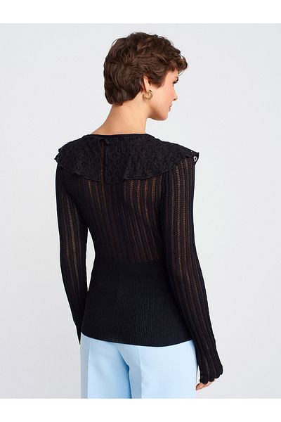 Dilvin 10717 Crew Neck Lace Ruffle Knitwear Sweater-Black