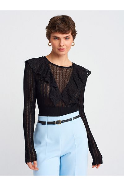 Dilvin 10717 Crew Neck Lace Ruffle Knitwear Sweater-Black