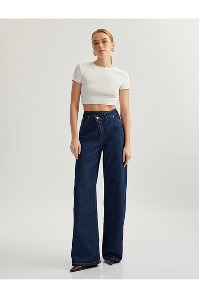 Koton Pantaloni largi din denim din bumbac cu nasturi - Blugi largi