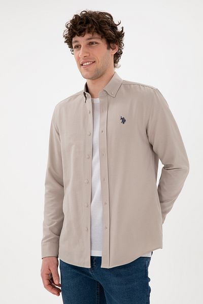 U.S. Polo Assn. Ανδρικό πέτρινο μακρυμάνικο πουκάμισο Basic 50296777 -VR049