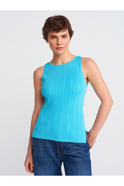 Dilvin 10726 Boat Neck Ribbed Knitwear Blouse-Turquoise