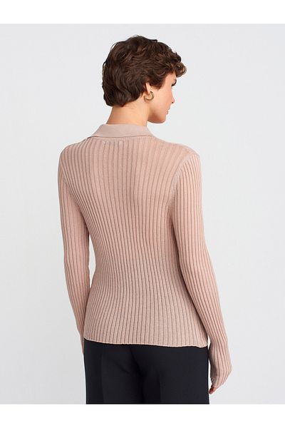 Dilvin 10722 Polo Neck Button Thin Knitwear Sweater-Light Beige