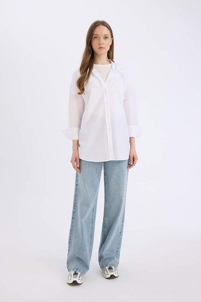 DeFacto New Season Relax Fit Hooded Basic Plain Poplin Long Sleeve White Hijab Shirt Tunic