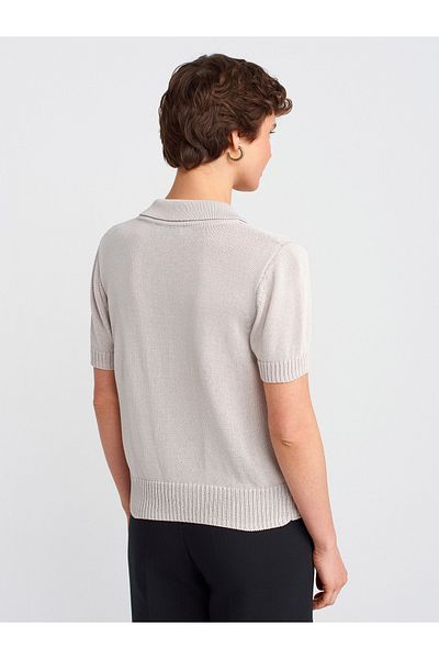 Dilvin 10719 Polo Neck Button Thin Knitwear Blouse-Gray