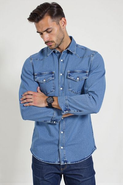 ENZİM JEANS Cămașă confortabilă pentru bărbați, 100% bumbac, denim/blugi