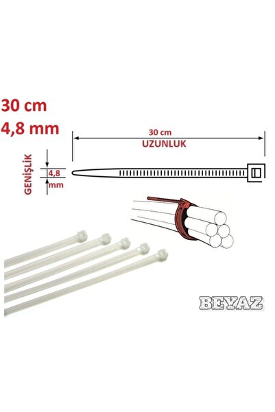 Genel Markalar (100 ADET) 30cm X 4,8mm Plastik Cırt Kelepçe Beyaz Kablo Bağı