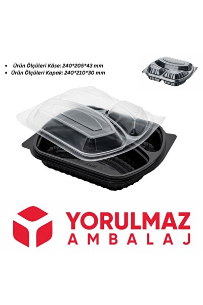 yorulmaz ambalaj 3 Bölmeli Kapaklı Mikrodalga Yemek Kabı 50 Adet
