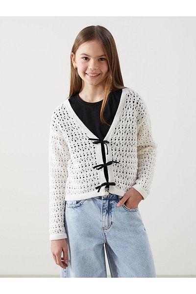 LC Waikiki V-Neck Openwork Girl's Knitwear Cardigan