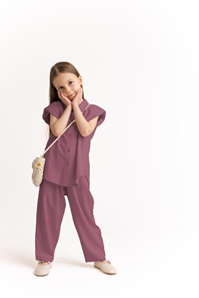 Oliven The Kid Fiyonklu Nakışlı Keten Kız Çocuk Gömlek Mürdüm