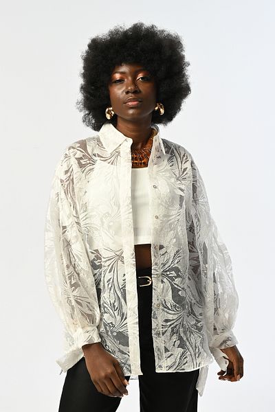 Orfeo Negro Women's Ecru Color Transparent Oversize Cut Shirt