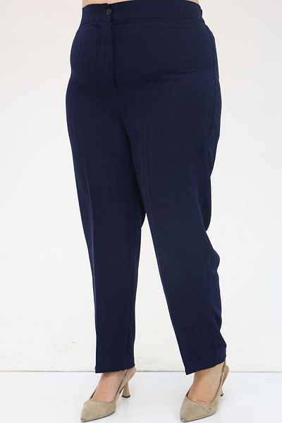Eslina 49034 Large Size Striped Crepe Trousers with Half Elastic Waist - Navy Blue