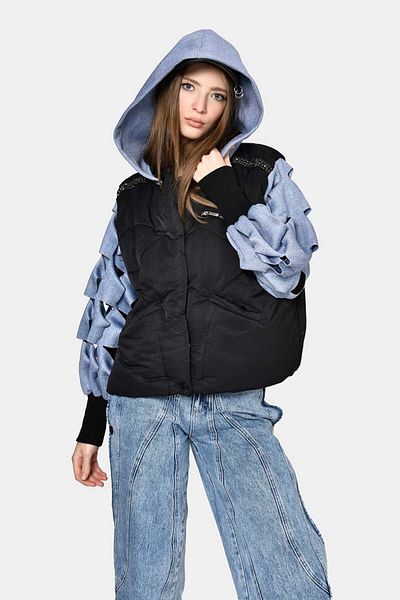 DQMANE Women's Design down Jacket Black Hooded Shoulder Stone Detailed Sleeves Ripped Pattern