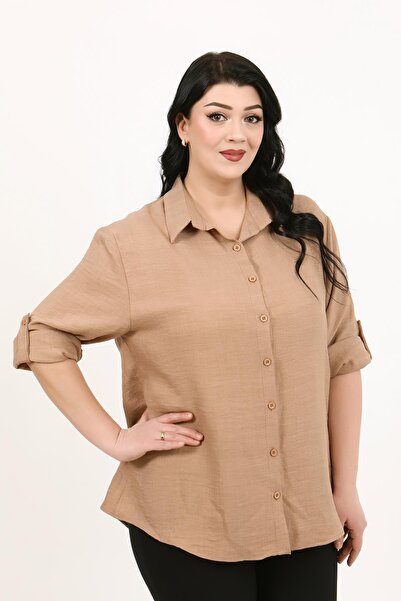 By Alba Collection Γυναικείο πουκάμισο ανοιχτό καφέ από μαλακό λινό μεγάλου μεγέθους