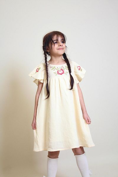 OZZY KİDS Girl's Cross Stitch Embroidered Muslin Fabric Summer Dress