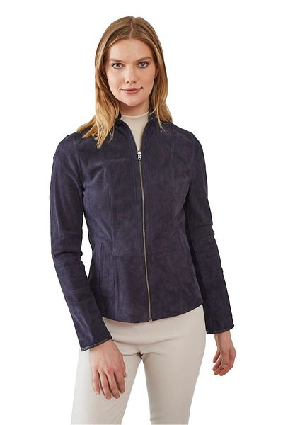 Deriderim Navy Blue Pansy Slim Fit Zippered Unlined Women's Double Sided Light Genuine Suede Jacket