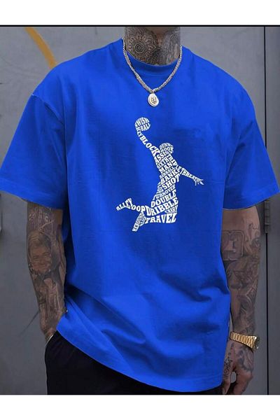NO 601 Ανδρικό μπλουζάκι με στάμπα Saks Blue Basketball Figured Oversize