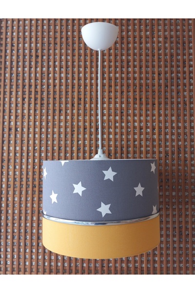 ONAY M Gri Yıldızlı Sarı Elkamentli Avize Kumaş Kaplama Çocuk Odası Aydınlatması