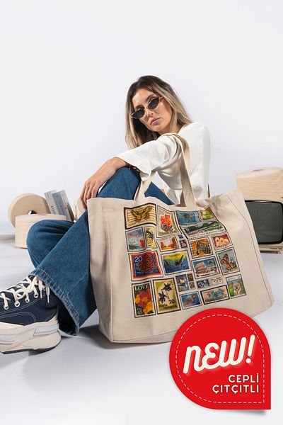 The Lycos Snap Fastener Canvas Tote Shoulder and Beach Bag with Pocket "Postcard"