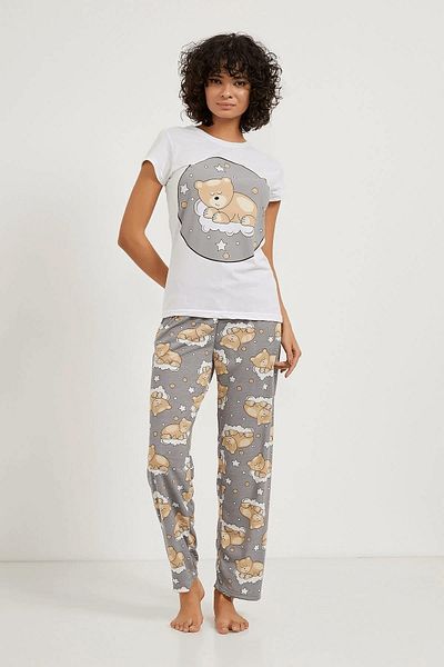 Laviera Women's Gray Top and Bottom Pajama Set, Teddy Bear Printed