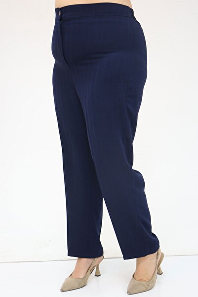 Eslina 49034 Large Size Striped Crepe Trousers with Half Elastic Waist - Navy Blue