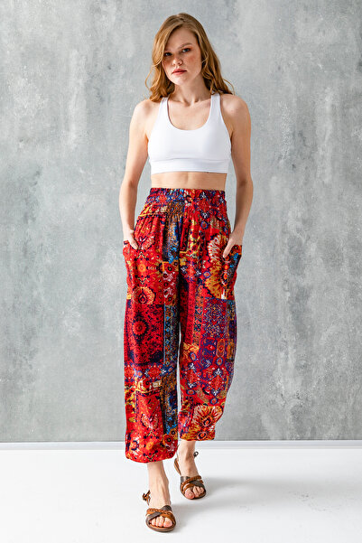 GİYSA Red Ethnic Patterned Women's Baggy Yoga Pants 100% Viscose Double Pocket - 2460