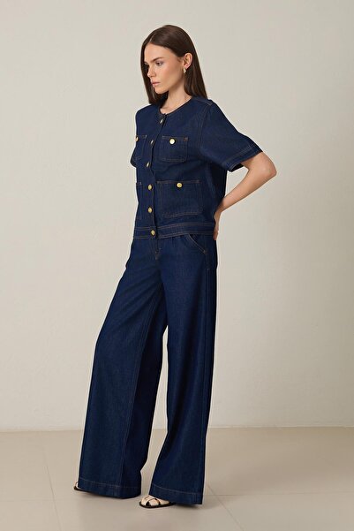 Setre Jachetă de blugi cu mânecă scurtă, fără guler, cu nasturi și buzunare bleumarin