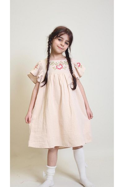OZZY KİDS Girl's Cross Stitch Embroidered Muslin Fabric Summer Dress
