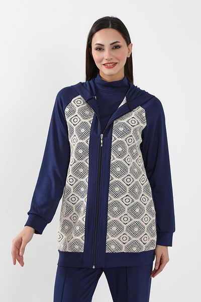 Aisha's Design Lace Detailed Zippered Hooded Cardigan Sweat,Sw-10