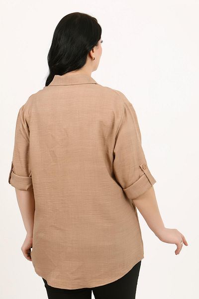 By Alba Collection Γυναικείο πουκάμισο ανοιχτό καφέ από μαλακό λινό μεγάλου μεγέθους