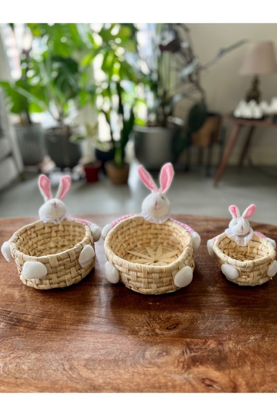 GIFT TAVŞAN  FİGÜRLÜ 3 LÜ  HASIR SEPET