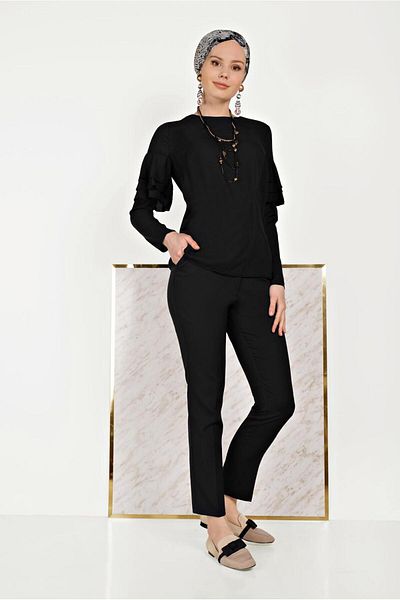 TRENDTESETTÜR Women's Black Sleeve Volume Bluz 40477