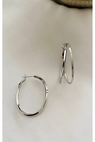 VNS Accessories Çelik İkili Görünüm Oval Model Küpe (4 CM)