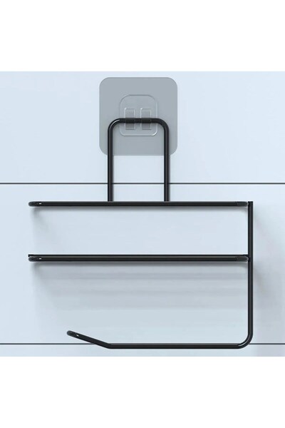 Skygo Kendiliğinden Yapışkanlı Tuvalet Kağıdı Tutacağı ve Yedek Raf - Siyah Modern Metal Tasarım