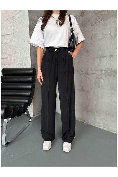 Elif Özbey Butik Black Gold Button Detailed Palazzo Trousers
