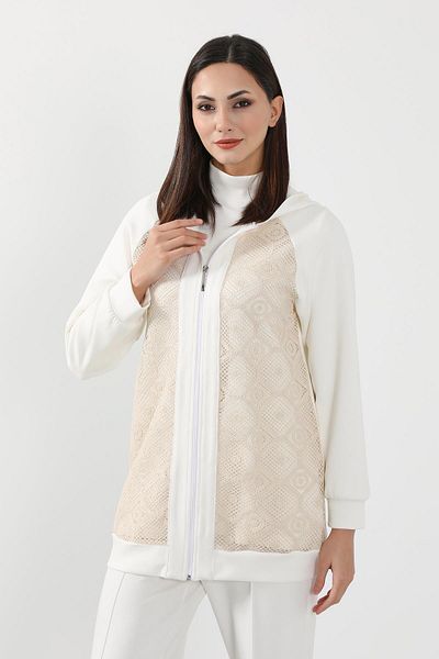 Aisha's Design Lace Detailed Zippered Hooded Cardigan Sweat,Sw-10