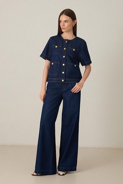 Setre Navy Blue Button and Pocket Detailed Short Sleeve Collarless Denim Jacket